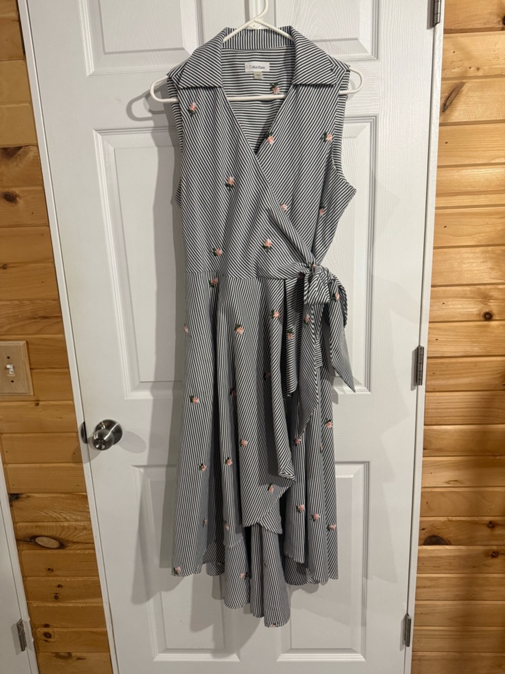 Calvin Klein Navy Striped Sleeveless High-Low Wrap Dress